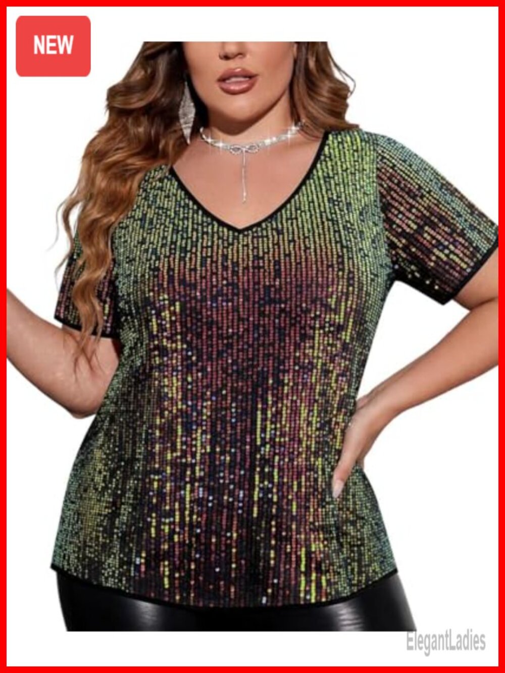 Plus Size Sequin V-Neck Short Sleeve Party Tunic